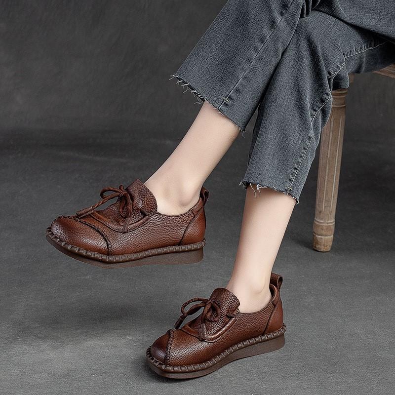 Women Flats Shoes Spring Round Toe Lace-up Genuine Leather Casual Loafers Handmade Comfortable Shoes
