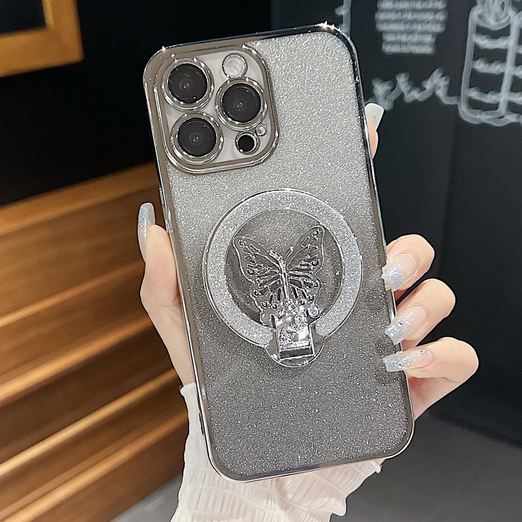 Для Apple 16 Чехол для телефона с кронштейном-бабочкой для IPhone 15 Promax Зеркальный с гальваническим покрытием Градиентный Блестящая пудра 14 Жесткий чехол