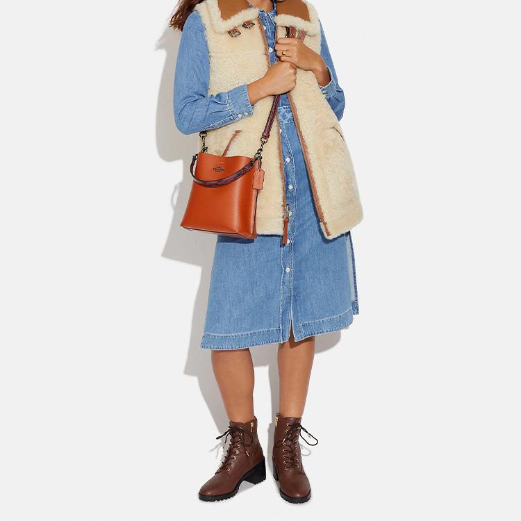 New COACH Mollie Leather Bucket Bag, Handbag, Shoulder Bag, Crossbody Bag Trumpets Women's Sunset Red CB901-QBUOJ