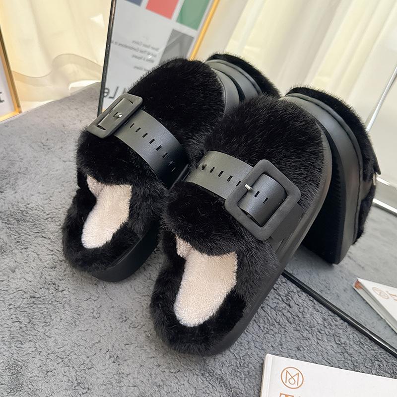 Fashion 2025 Autumn Winter Fashion Buckle Strap Slippers Home Cotton Shoes Women Indoor Fluffy Plush Warm Platform House Slippers