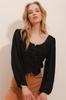 Women's Blouse New Season Fashion Black Square Collar Tie Front Crochet Woven Crop Blouse
