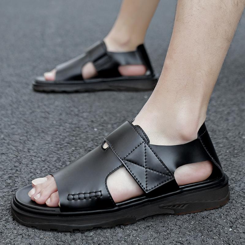 Мужские сандалии из натуральной кожи, летние новые модные тапочки, нескользящая пляжная обувь, мягкая подошва, открытый носок, повседневная мужская обувь