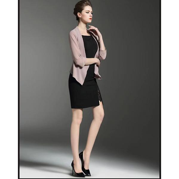 Women's Summer Spring Stretch 3/4 Gathered Sleeve Open Blazer Jacket Cardigan