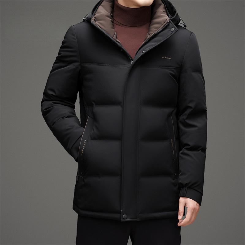 Зимняя новая мужская куртка-пуховик из молочного шелка средней длины с белым утиным пухом для среднего возраста, теплая повседневная куртка с капюшоном