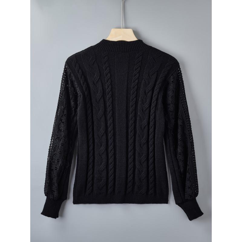 Элегантный женский свитер с кружевной отделкой - воротник-стойка, геометрический узор, осенне-зимний стильСвитер-топ
