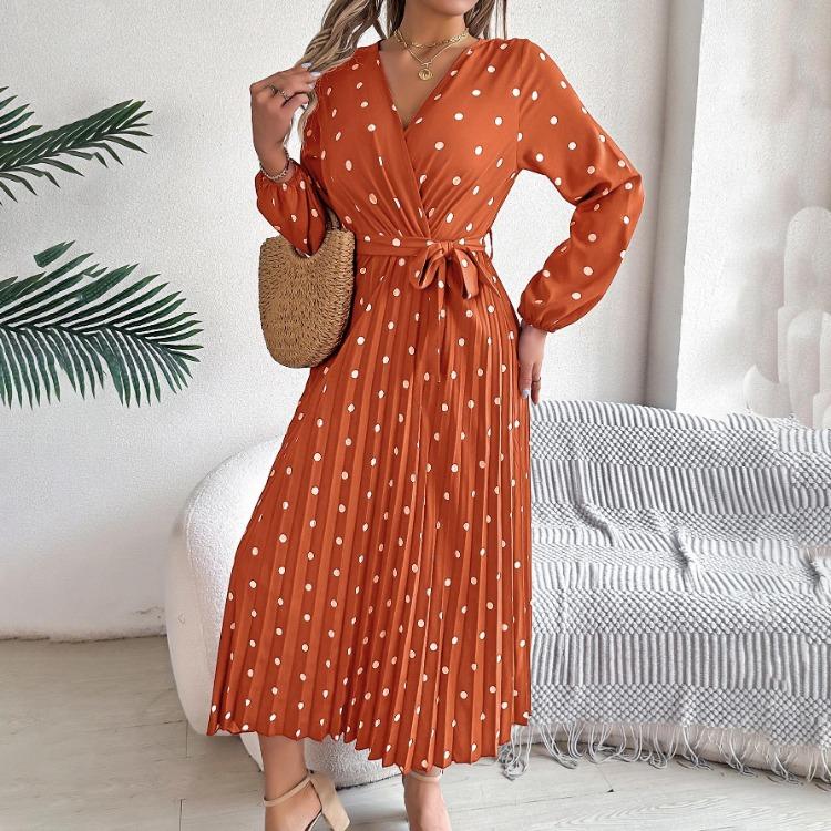 Женское платье А-силуэта с длинным рукавом, длинное, с завышенной талией, в горошек, плиссированное, осенне-зимняя мода