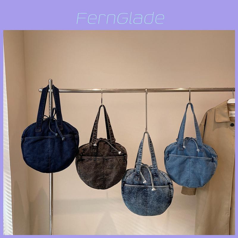 Bow Round Shape Denim Shoulder Bag For Women Daily Use Accessory