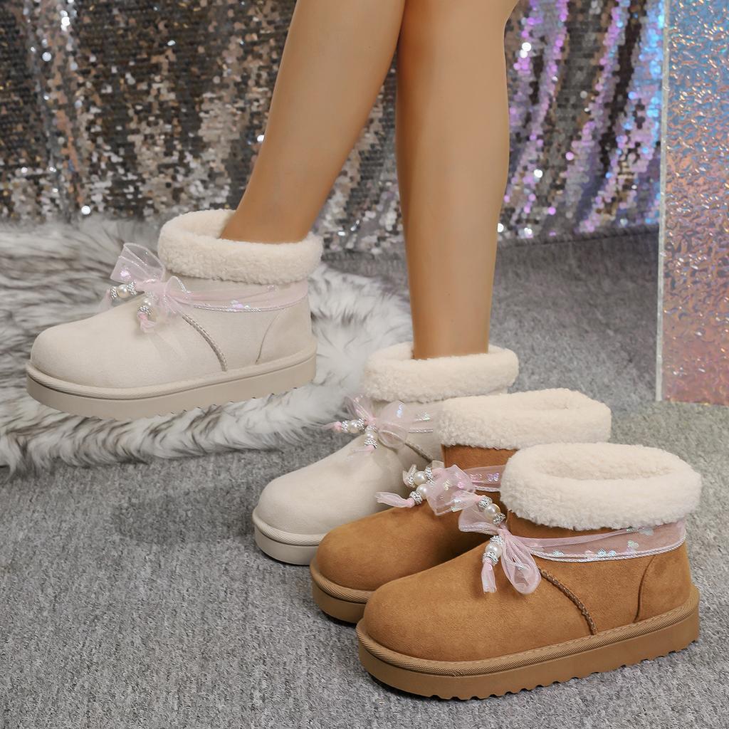 Fashion Bowtie Pearl Decor Winter Warm Ankle Boots Women Comfort Thick Sole Platform Casual Shoes Cotton Padded Thicken Plush Snow Boots