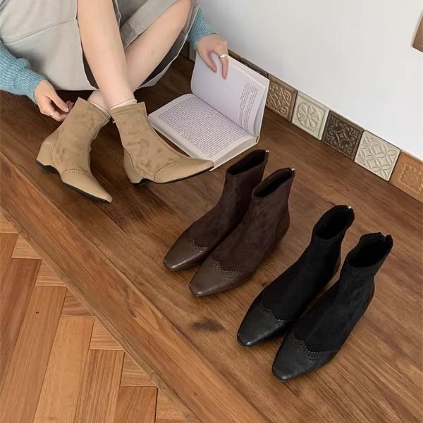 Square Head Splicing Short Tube Fashion Boots Versatile British Style Commuting with Skirt Personality Thick Heel Thin Comfortable Martin Boots