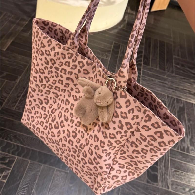 Hot Girl Sweet Cute Pink Leopard Handbag Women Large Capacity Canvas Shoulder Bag Ladies Everyday Commute Versatile Underarm Bag