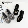 Fashion Crystal Metal Butterfly Cotton Shoes Women Shallow Round Toe Loafers Comfy Slip On Moccasins Fluffy Soft Soled Ballerina Flats