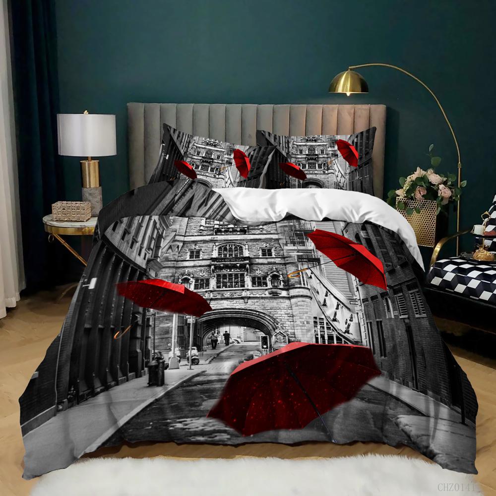 Retro Architectural Duvet Cover Woman In Red Dress Violin Eiffel Tower Double Queen King Polyester