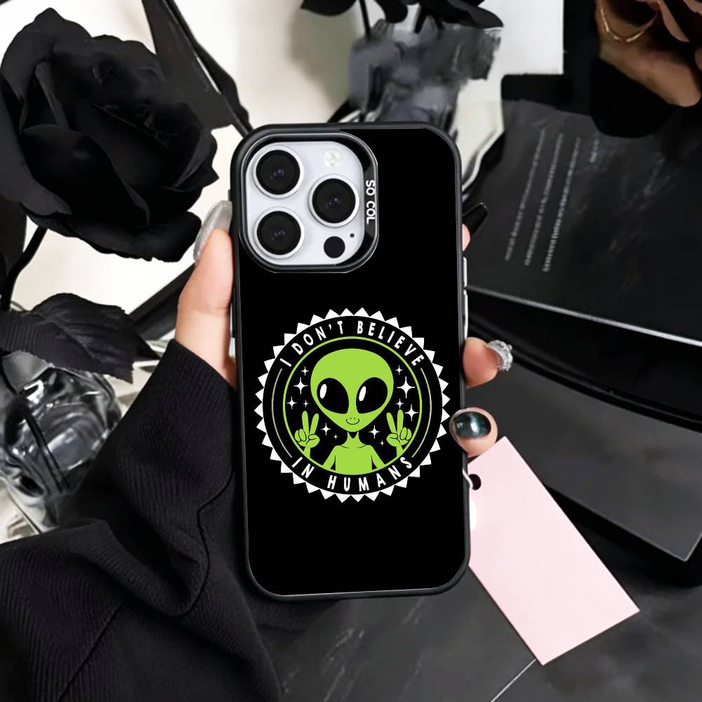 Cool C-Cartoon Alien Space Phone Case For iPhone17,16,15,14,13,12,11 Plus,Pro Max Colored Silver Plated Inside Cover