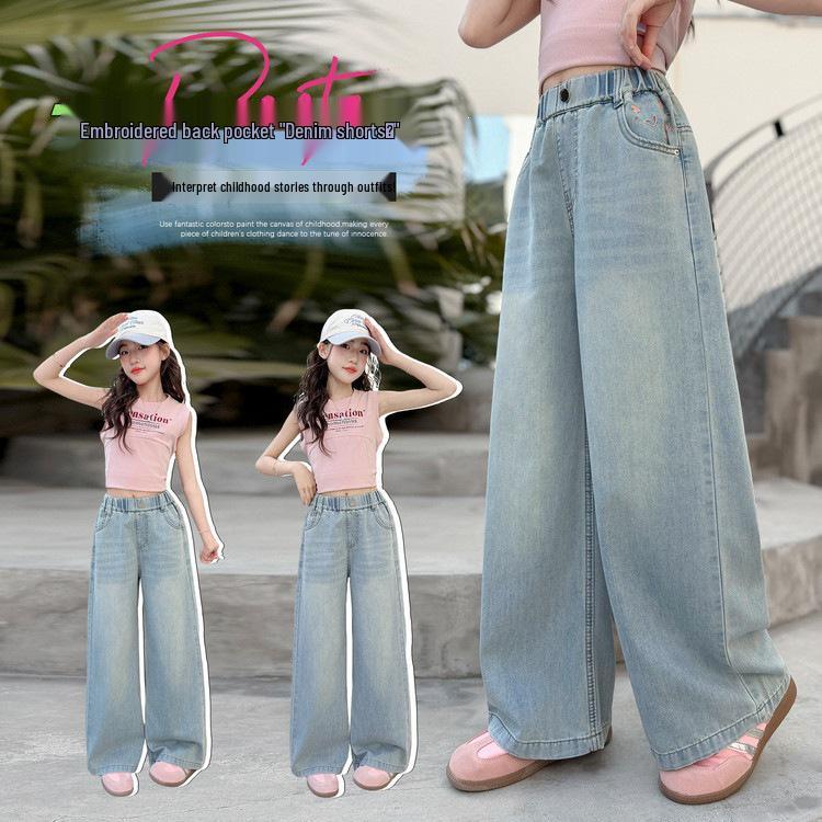 Girls' Summer 2026 Trendy Wide-Leg Embroidered Jeans