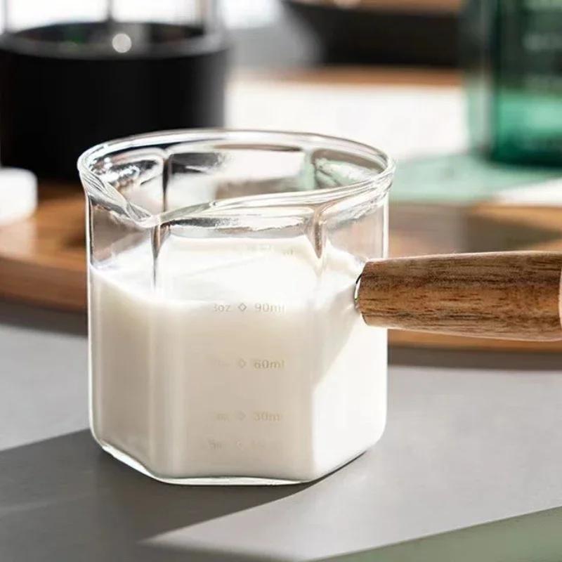 120 мл мерный стакан для эспрессо из боросиликатного стекла со шкалой, деревянная ручка, чашки для молока, латте, кухонные принадлежности для бариста