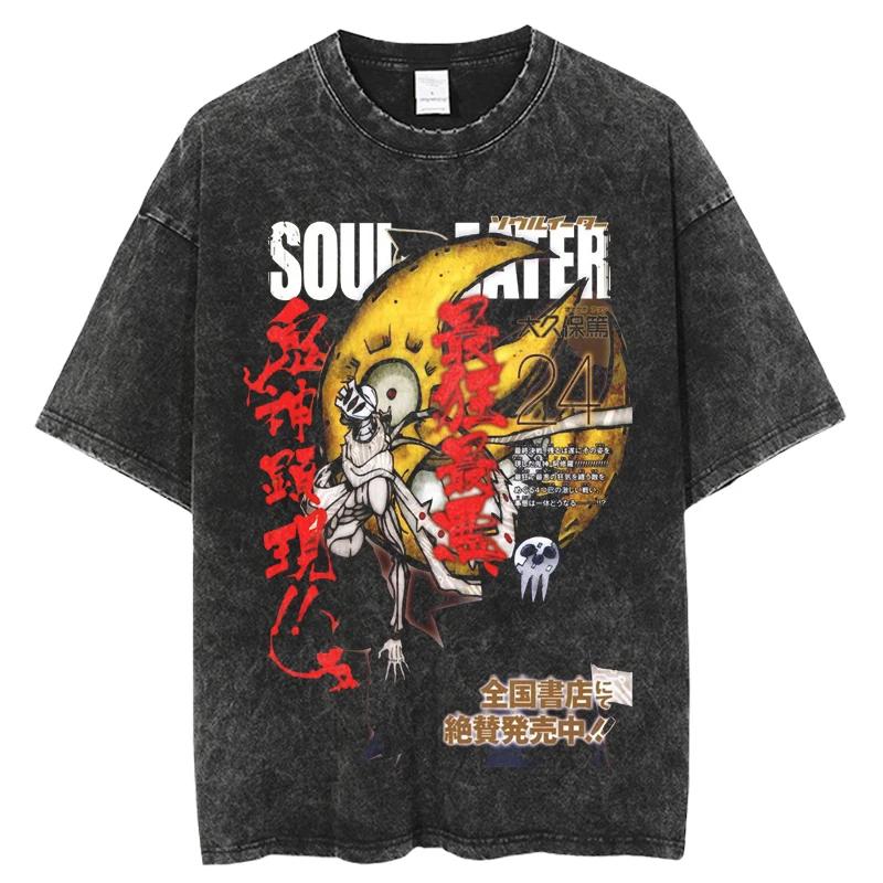 Стирка Винтаж Япония Аниме Soul Eater Графическая Футболка Мужская Женская Печатная Футболка Летняя Повседневная Модная Одежда Топы Высокое Качество Streetwear