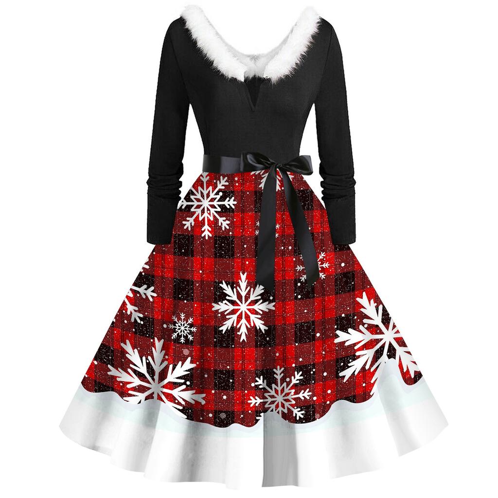Женское повседневное и модное платье с длинными рукавами и V-образным вырезом с рождественским принтом на молнии