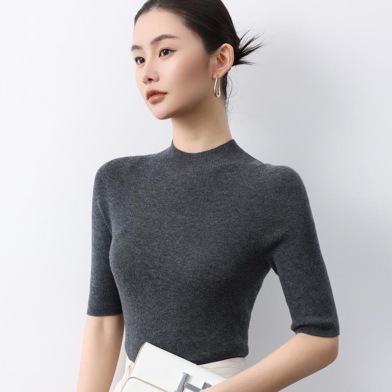 Ancola Women's Red Slim-Fit Wool Cardigan, Half-High Neck, Short Sleeves - 2025 Spring/Summer Thin Style Knitted Base Layer.