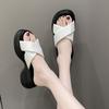 Fashion Beach 2025 Summer New Cool Slippers Silver Platform Cross Belt Versatile Outer Wear Solid Color Muffin Sandals