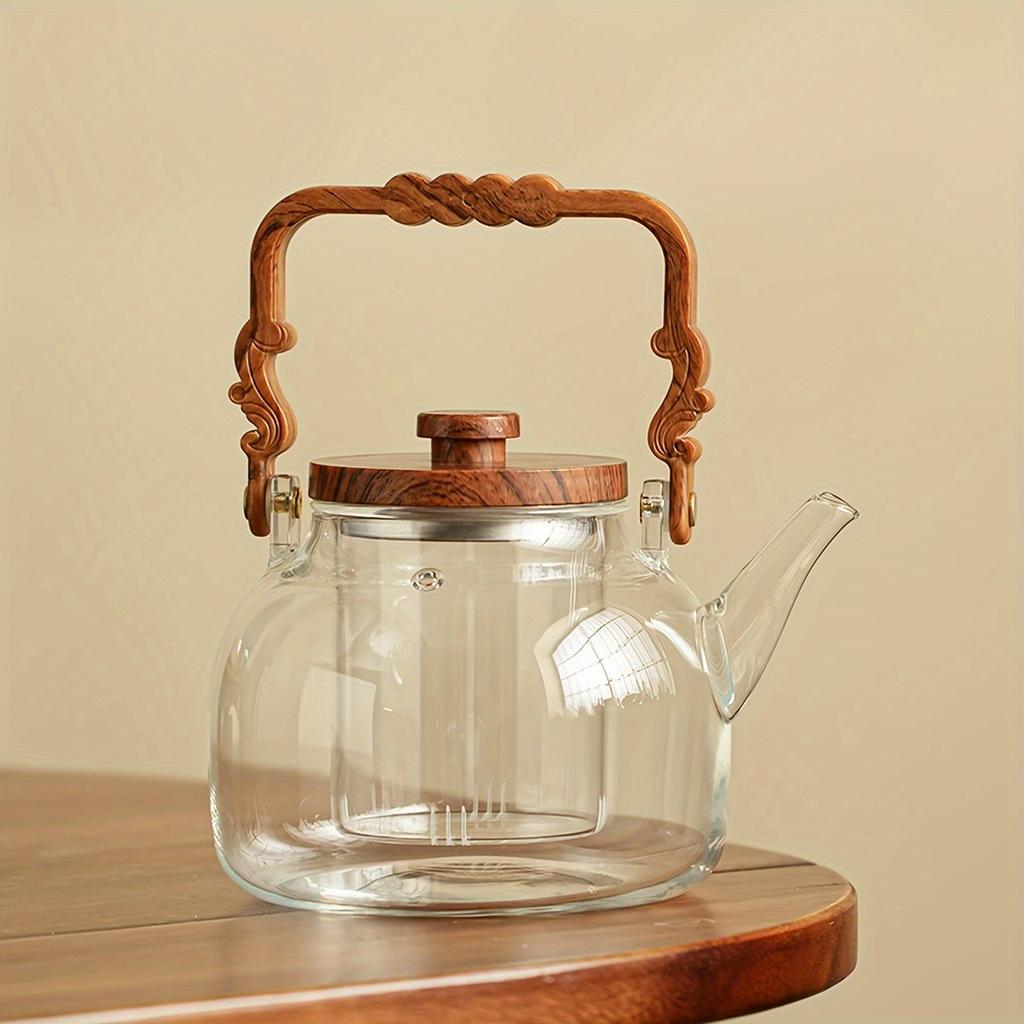 1 шт. Стеклянный чайник Стеклянный чайник для кипячения воды Чайник для заваривания чая с ручкой из цельного дерева Электрическая плита большой емкости или угольный огонь Доступен Esse