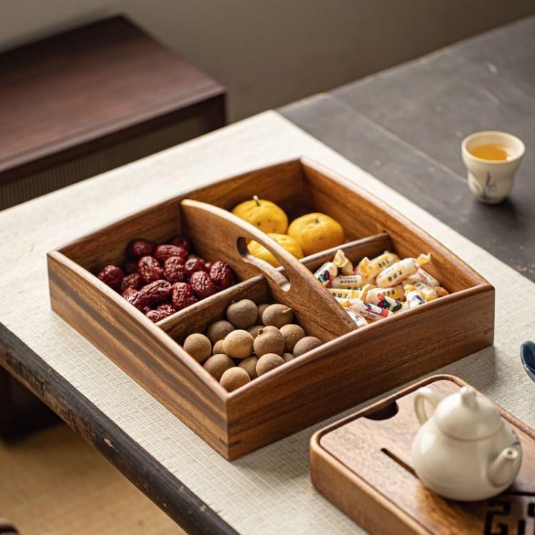 Solid Wood Snack Box with Handle - Divided Sections for Dried Fruit, Candy, and Nuts