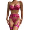 Women’s Sexy Sheer Mesh Embroidered Lingerie Set, Push-Up Bra with Thong, Chain Garter Belt, 4-Piece Erotic Intimate Wear