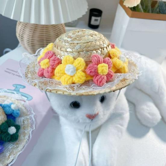 Соломенная шляпа-сомбреро для домашних животных, солнцезащитная шляпа для маленьких собак с цветком, регулируемая кепка-ведро от солнца на Гавайях, летняя пляжная шляпа для маленьких и средних собак и кошек