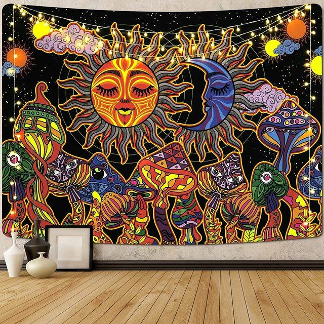 Burning Sun Tapestry Vintage Floral Psychedelic Mushroom Room Decor Aesthetic Plants And Leaves Tapestries Mystic Hippie Cloth