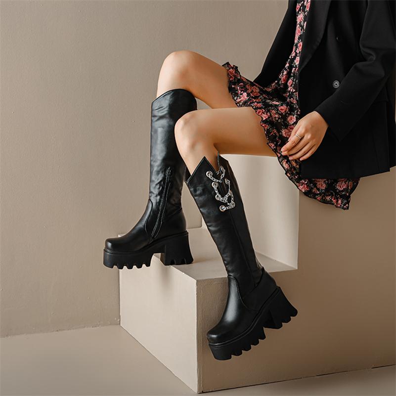 ANNYMOLI Женские сапоги до колена с круглым носком на платформе и толстом каблуке на молнии Ботинки Gogo с цепочкой Длинные сапоги Женская обувь Осень Зима