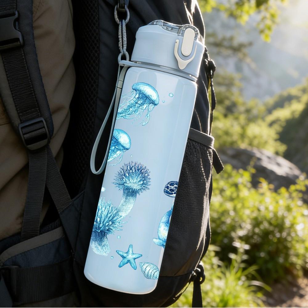 1PC Jellyfish Turtle Ocean Animal Print 750ml Color Plastic Sports Water Bottle Leakproof Flip Straw Lid Suitable for Sports Office Home Use
