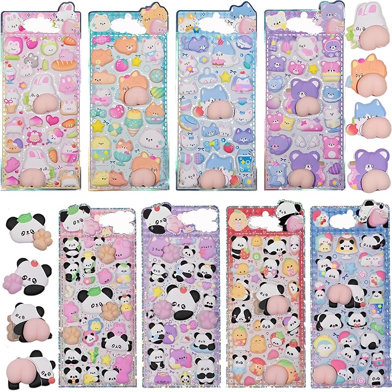 Cute Puffy Butt Stickers, Animal Stickers, 4 Stickers per Sheet, Fluffy and Squishy Panda 3D Decals for Kids' Diaries, Planners, Girls' DIY Water