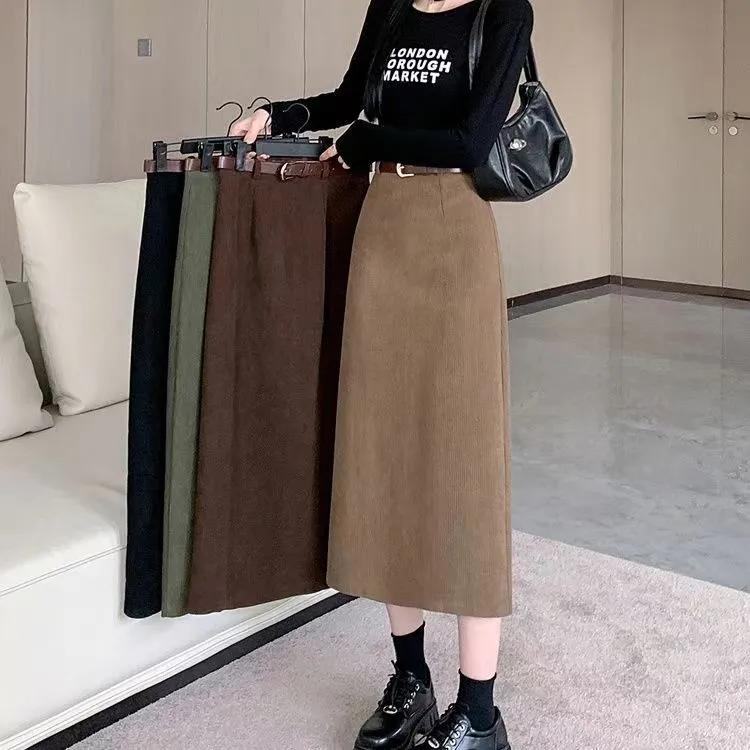 High Waist Slimming Retro Corduroy Midi Skirt Hip Concealing Straight Leg A- Line Wrap Around Skirt for Women Solid Color