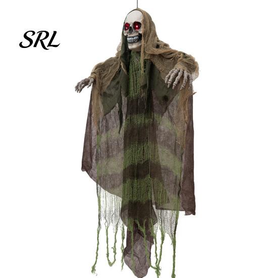 Animated Scary Skull Props Halloween Animatronics Hanging Ghost Decoration, Sound Activated Grim Reaper Prop with LED Creepy Gauze Spirit for