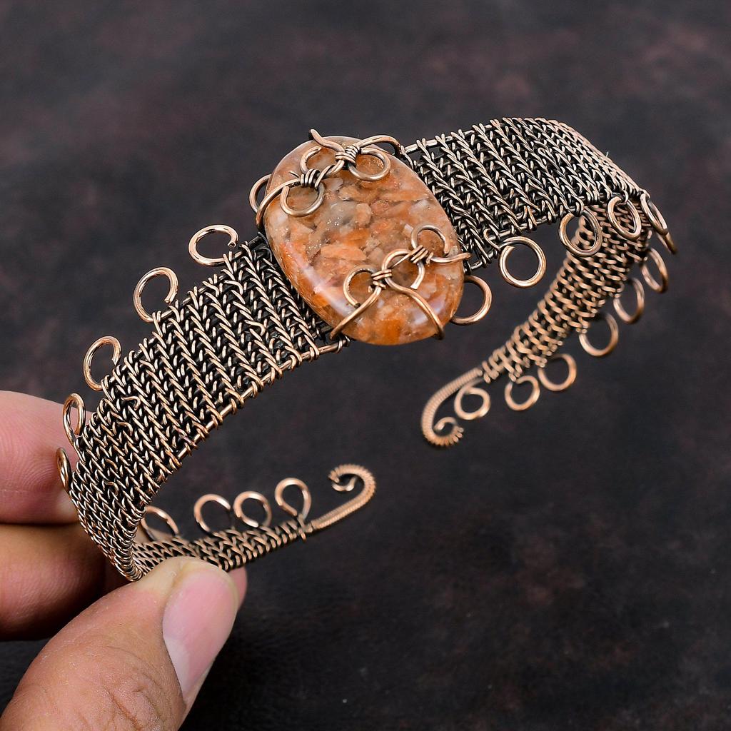 Браслет из солнечного камня, медная проволока, браслет-манжета, регулируемый браслет, ювелирные изделия из солнечного камня, драгоценные камни, манжеты ручной работы, медные украшения, подарок на годовщину