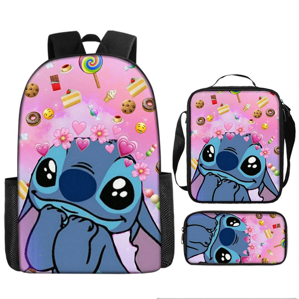 Stitch Backpack Set 3-Piece Lilo & Stitch School Backpack Insulated Lunch Bag Pencil Case Oxford Cloth Large Capacity