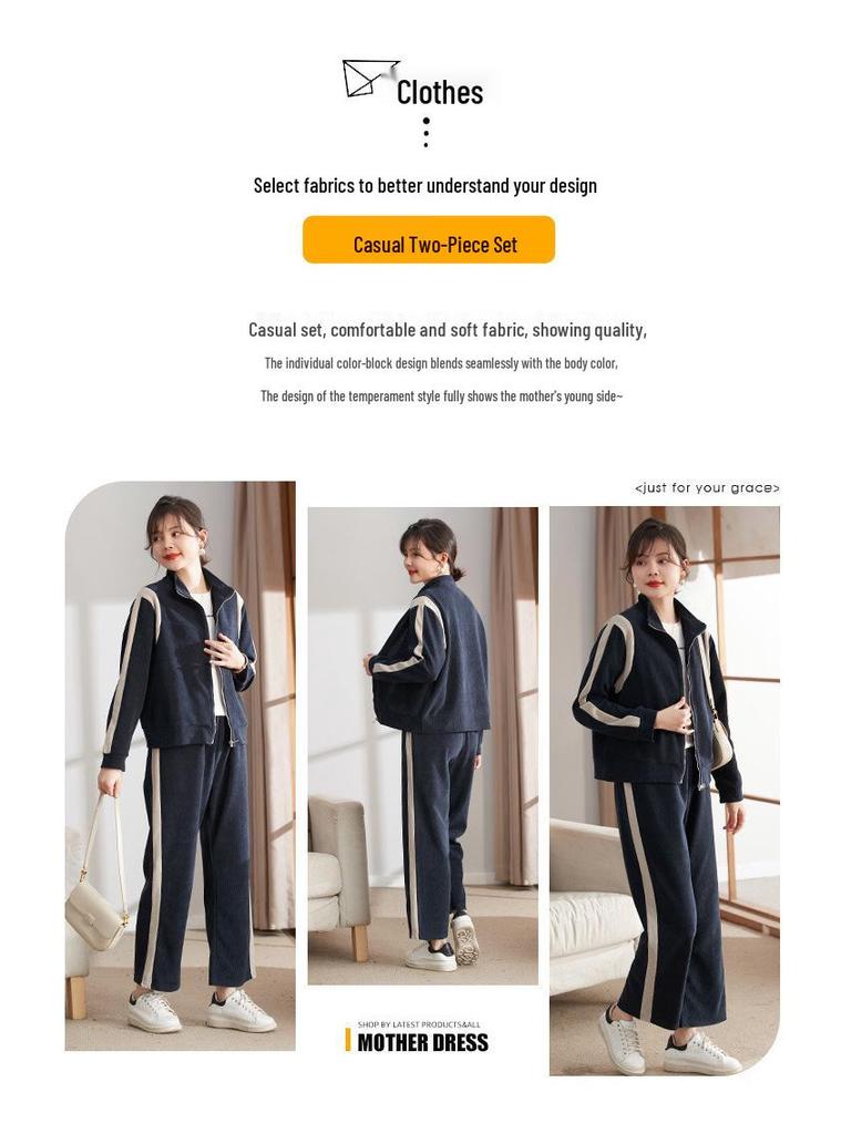 Осенний повседневный комплект-двойка для женщин среднего возраста - Модная спортивная одежда больших размеров