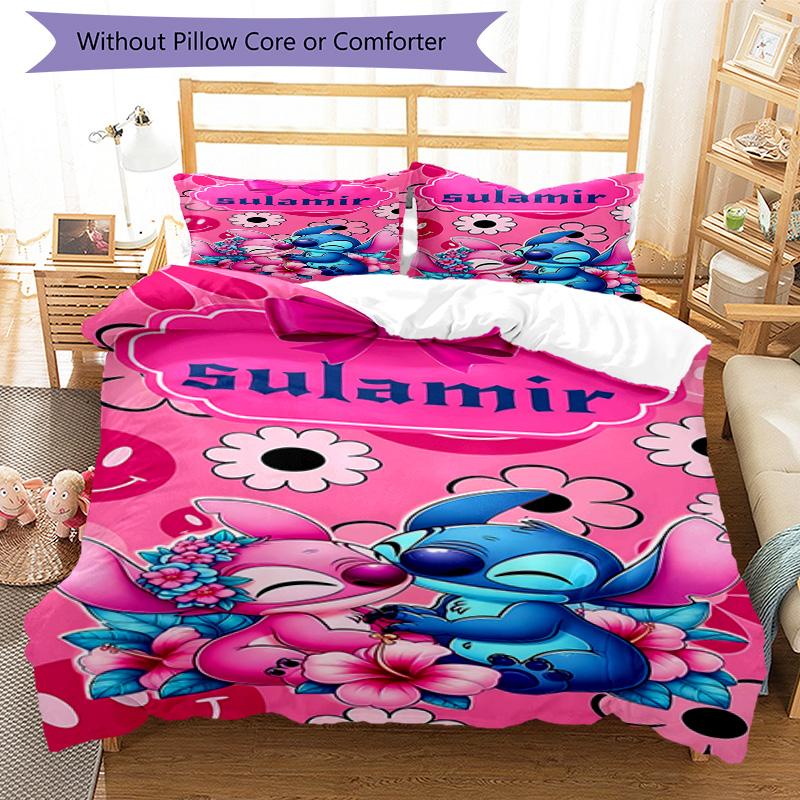Stitch Adventure Flowers Bedding Set,Breathable Duvet Cover with Pillowcases,Soft Bed Linen for Bedroom Home Decoration,Perfect Festival Birth