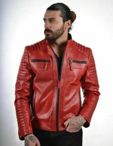 Стильная мужская куртка ручной работы КРАСНОГО цвета из натуральной кожи ягненка для мотоциклистов и байкеров