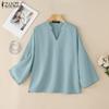 Women Casual V-Neck Solid Color Loose 3/4 Sleeve Blouse