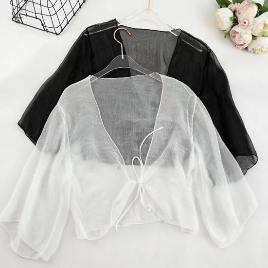 Women Sheer Chiffon Cardigan with Front-tie Transparent Loose Top Elegant Retro Style Shawl for Vacation Beach Daily Wear