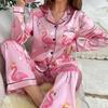 Women's Soft Satin Pajamas Set Autumn Long Sleeve Lapel Collar Tops Pants Sleepwear Loungewear 2 Piece Home Clothes Suit