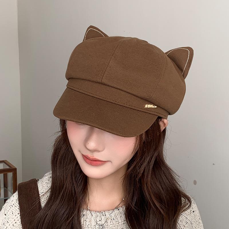 Женская восьмиугольная шляпа с кошачьими ушками и надписью, осенне-зимняя, в японском ретро-стиле, подчеркивающая лицо, кепка газетчика, милый берет с уткой