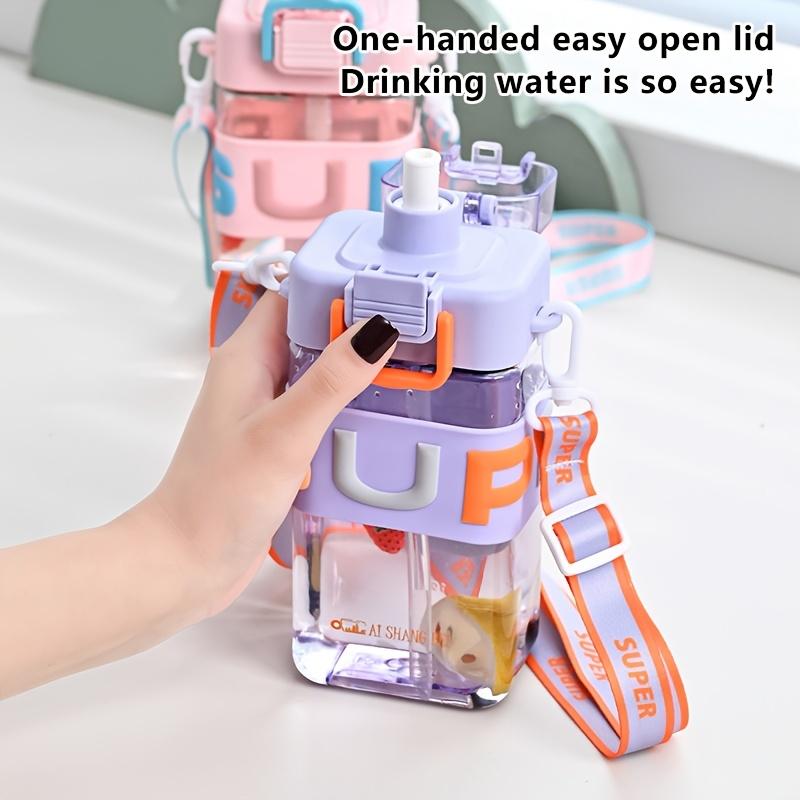 Portable Water Bottle for Students Square Design Heat Resistant Leakproof with Sturdy Strap Handle Summer School Essential