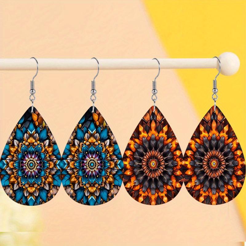 Очаровательные серьги-подвески с мандалой и цветочным узором, черно-белые из ПУ, для женщин, сине-оранжевые, на пляжную тематику, двусторонние серьги-кольца