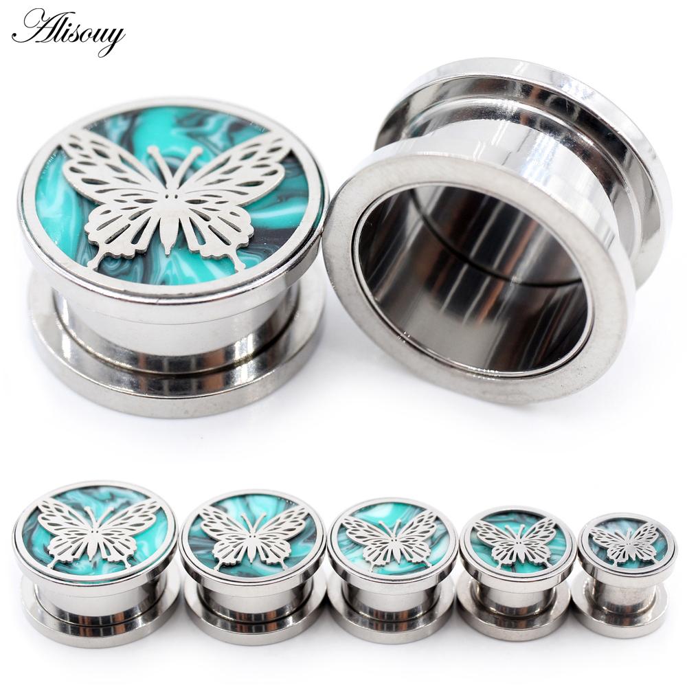 Alisouy 2PCS нержавеющая сталь бабочка зеленый камень ушные туннели заглушки расширитель растяжитель калибр серьги пирсинг украшения для тела