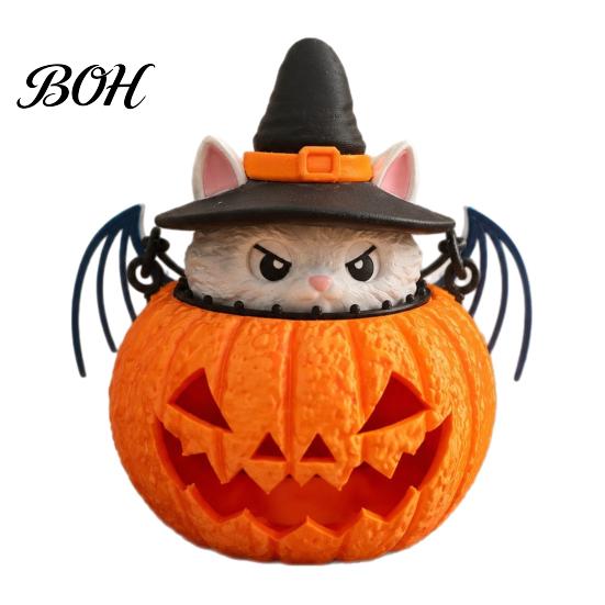 Waterproof Garden Light Halloween Cat Pumpkin Lantern, 3D Printed Glowing Figurine Lantern with Witch Hat, Spooky Tabletop Ornament, Festive