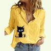 Women Lapel Neck Fashion Buttoned Shirt Spring&summer Thin Cotton Linen Top Casual Cat Print Blouse