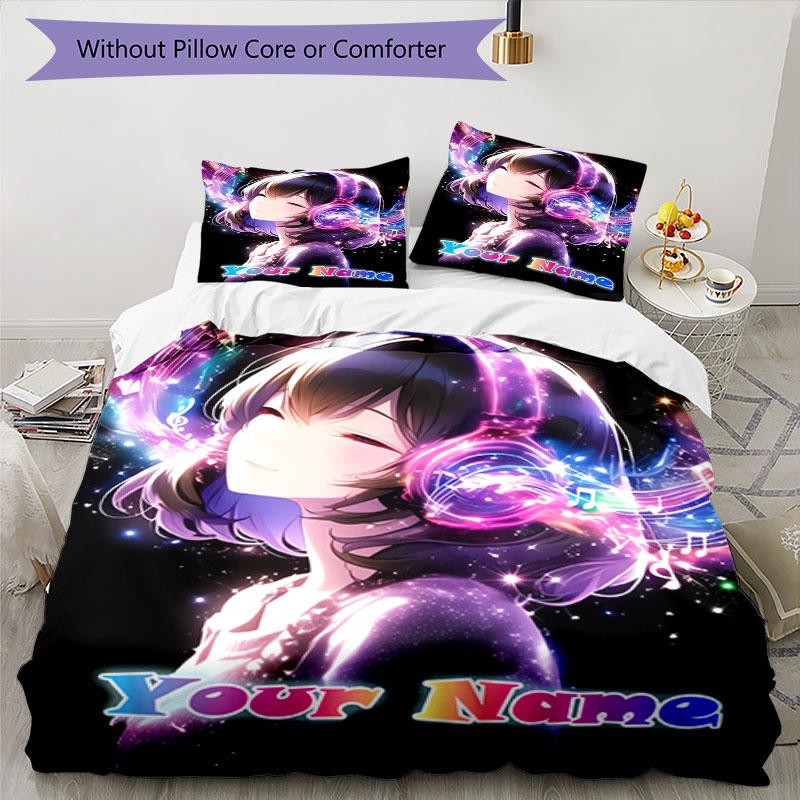 3pcs Custom Name Music Dreams Neon Bedding Set Printed Bedding Set Duvet Cover Closure Includes 1 Duvet Cover & 2 Pillowcases Bedroom Decor