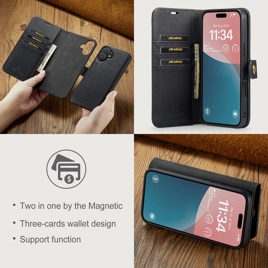 DG.MING для iPhone 16 Plus Чехол-книжка из разделенной кожи, съемный