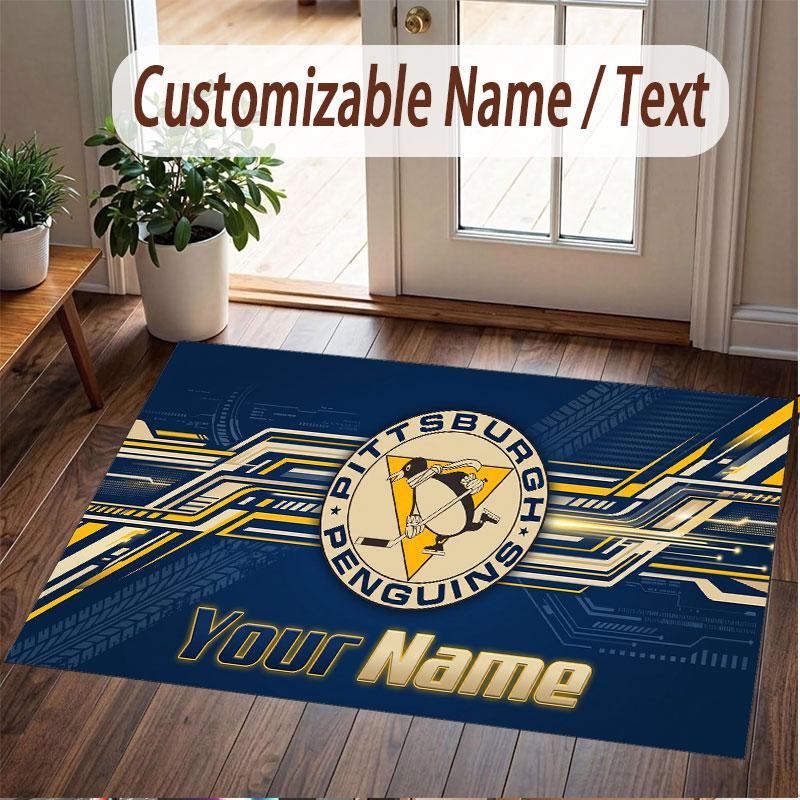 Custom Rug Pittsburgh Penguins Pattern Print Name Text Soft Non‑Slip Floor Carpet for Home Indoor Decoration